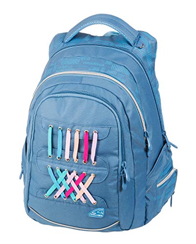 Mochila Fame Laces en Color Azul Claro, con 3 Compartimentos, Bolsillos Laterales, Acolchado Transpirable y Correa en el Pecho, Aprox. 44 x 32 x 24 cm, 32 litros.