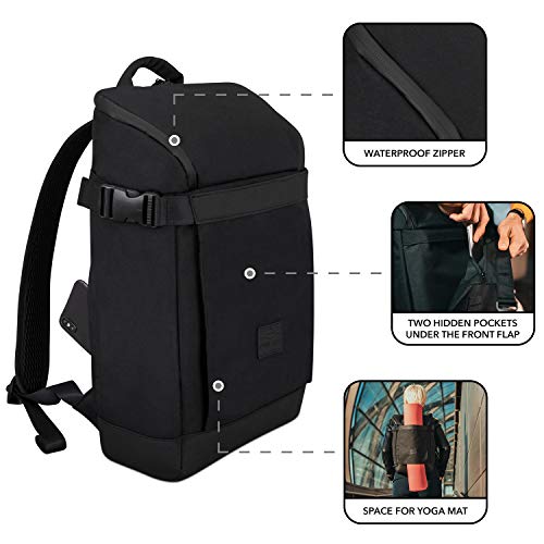 Mochila Mujer y Hombre Negra - Johnny Urban Luca Mochilas Hecho de Botellas de Plástico Reciclado - Bolso para Portátil 15.6 Pulgadas, Ocio, Viaje, Universidad, Yoga y Fitness - Exterior Impermeable