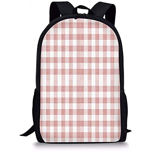Mochilas Escolares a Cuadros, Picnic en el Campo Patrón de Guinga con Temas en Colores claros, Rosa Claro Rosa Blanco para niños niñas