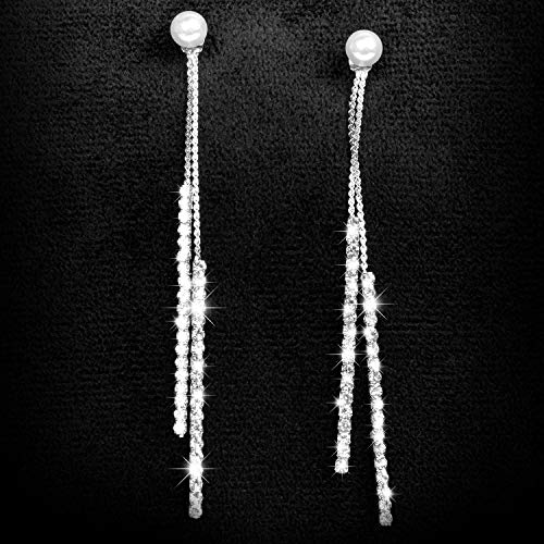 Moda Borla larga Perla de cristal Dos maneras de usar Cubic Zirconia Hipoalergénico y Níquel Free Stud Drop Pendientes Colgantes Joyas para niñas, Mujeres, Plata elegante (Plata)