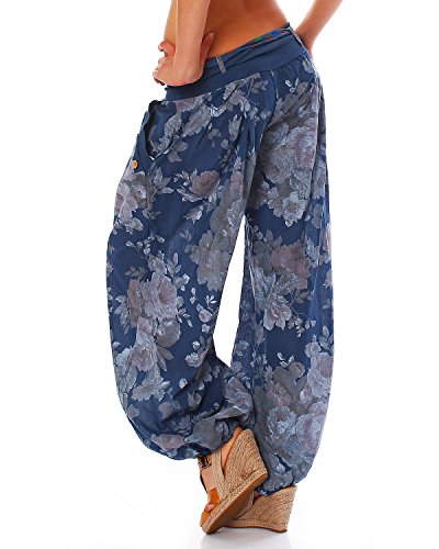 Moda Italy Pantalón tipo bombacho/harem para mujer, pantalón de verano con cinturón de tela y estampado floral azul vaquero talla única 38/44 ES