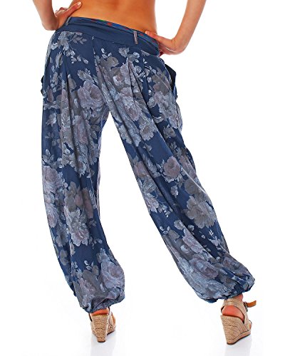 Moda Italy Pantalón tipo bombacho/harem para mujer, pantalón de verano con cinturón de tela y estampado floral azul vaquero talla única 38/44 ES