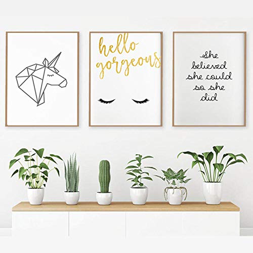 Moda moderna Unicornio arte de la pared pintura lienzo geométrica belleza carteles y pestañas impresiones fotos para niña adolescente decoración de la habitación sin marco