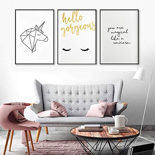 Moda moderna Unicornio arte de la pared pintura lienzo geométrica belleza carteles y pestañas impresiones fotos para niña adolescente decoración de la habitación sin marco