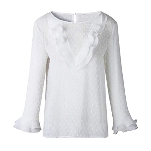 Moda Mujer Casual Encaje Sexy Lunares O Cuello Dulce Volante Camiseta Manga Larga Tops Blusa Luckycat (Blanco, Grande)
