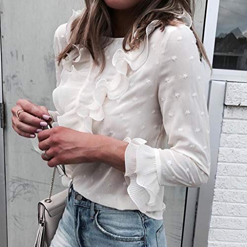 Moda Mujer Casual Encaje Sexy Lunares O Cuello Dulce Volante Camiseta Manga Larga Tops Blusa Luckycat (Blanco, Grande)