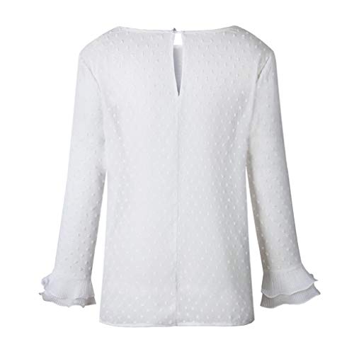Moda Mujer Casual Encaje Sexy Lunares O Cuello Dulce Volante Camiseta Manga Larga Tops Blusa Luckycat (Blanco, Grande)
