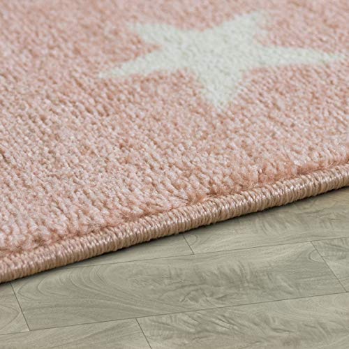 Moderna Alfombra Pelo Corto Estrellas Habitación Infantil Pastel Rosa Blanco, tamaño:80x150 cm