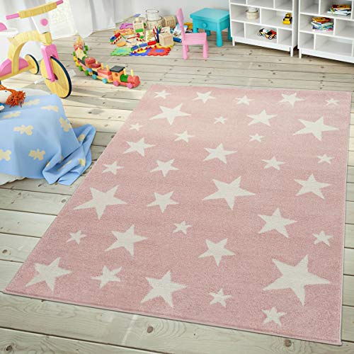 Moderna Alfombra Pelo Corto Estrellas Habitación Infantil Pastel Rosa Blanco, tamaño:80x150 cm