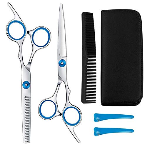 MojiDecor Tijeras Peluqueria Profesional con Navaja Kit Tijeras de Peluqueria completa Acero Inoxidable 6 pulgadas para Peluquero y Salón Tijeras Pelo Platead