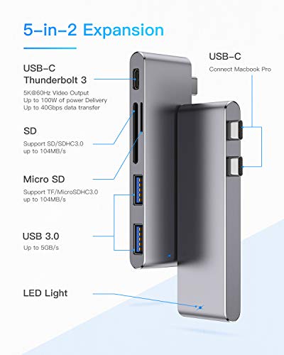 MOKAI START Hub USB C, Adaptador Tipo C Hub Slim Thunderbolt 3 de Aluminio para MacBook Pro 2019/2018/2017/2016 13"y 15", MacBook Air 2019/2018 13", 2 Puertos USB 3.0, 1 Lector de Tarjetas SD y 1 TF