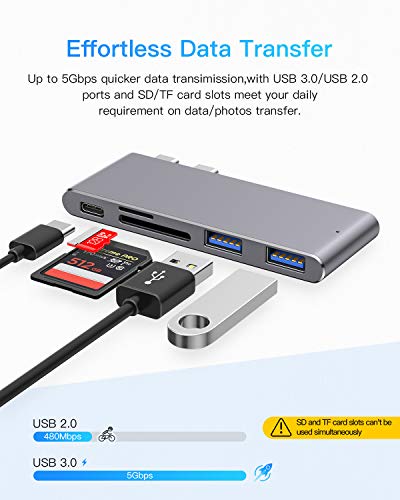 MOKAI START Hub USB C, Adaptador Tipo C Hub Slim Thunderbolt 3 de Aluminio para MacBook Pro 2019/2018/2017/2016 13"y 15", MacBook Air 2019/2018 13", 2 Puertos USB 3.0, 1 Lector de Tarjetas SD y 1 TF