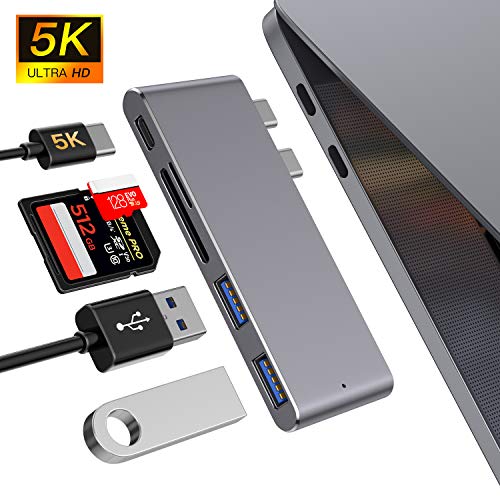 MOKAI START Hub USB C, Adaptador Tipo C Hub Slim Thunderbolt 3 de Aluminio para MacBook Pro 2019/2018/2017/2016 13"y 15", MacBook Air 2019/2018 13", 2 Puertos USB 3.0, 1 Lector de Tarjetas SD y 1 TF