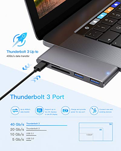 MOKAI START Hub USB C, Adaptador Tipo C Hub Slim Thunderbolt 3 de Aluminio para MacBook Pro 2019/2018/2017/2016 13"y 15", MacBook Air 2019/2018 13", 2 Puertos USB 3.0, 1 Lector de Tarjetas SD y 1 TF