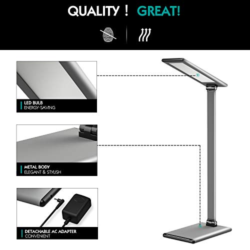 MoKo LED Lámpara Escritorio, Brillo y Temperatura de Color Sin Niveles con Ángulo Ajustable, Lámpara de Mesa Flexo 8W Regulable - Plata