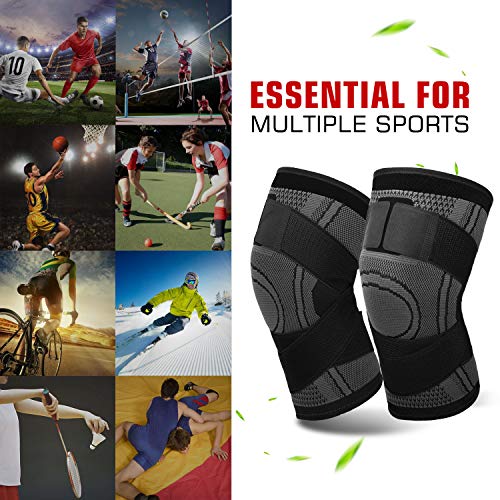 MoKo Rodillera de Compresión Transpirable, Estabilizador de Rodillera Ajustable con Soporte de Correa para Baloncesto, Artritis, Alivio del Dolor, Recuperación de Lesiones, M - Negro+Gris