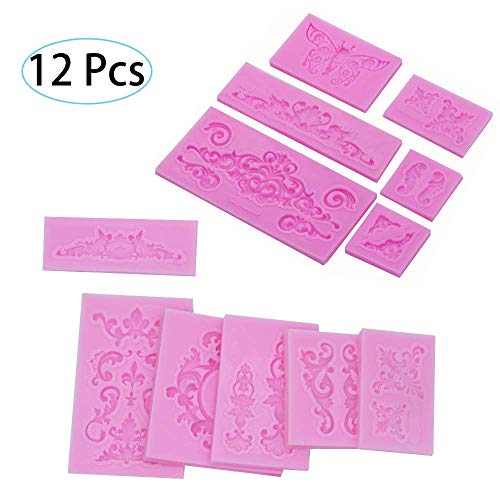 Molde de silicona para pasteles (un juego de 12) Flor de encaje Retro Relieve Silicona Decoración Fondant de azúcar Molde para formación de hielo Estera para decoración de pasteles