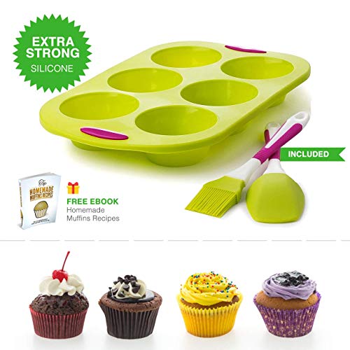 Moldes magdalenas silicona horno muffins grande reposteria bandeja hornear silicona de primera calidad + espátula y cepillo | 6 huecos