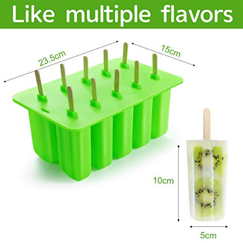 Moldes para Helados de Silicona, Molde Reutilizable para Hacer Polos y Helados DIY, 10 Rejillas con Tapa, con 50 Palitos de Madera + 50 Bolsas + Cepillo + Embudo, Verde