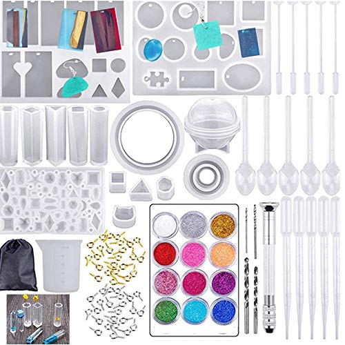 Moldes Silicona de Resina,95pcs Epoxi Mold con Herramientas Conjunto para Hacer Aretes, Joyería Colgantes,Decoraciones,Molde de DIY Reutilizable Fundición con Bolsa Almacenamiento Fácil