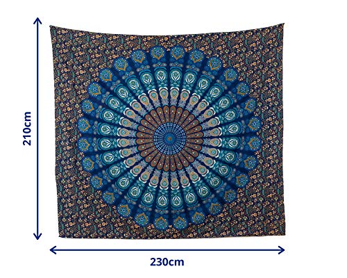 MOMOMUS Tapiz de Mandala - Hecho a Mano con Algodón 100% y Tintes Vegetales Naturales - Adornos de Arte para Pared de Hogar, Pareo/Toalla de Playa Grande, Sofá - Elegante y Bohemio - 210x230cm Aprox