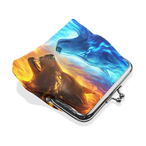 Monedero Monedero Lobo de Fuego y Animal de Hielo Monedero Retro Monedero con Hebilla de Bloqueo Monedero Tarjetero para Mujeres y niñas