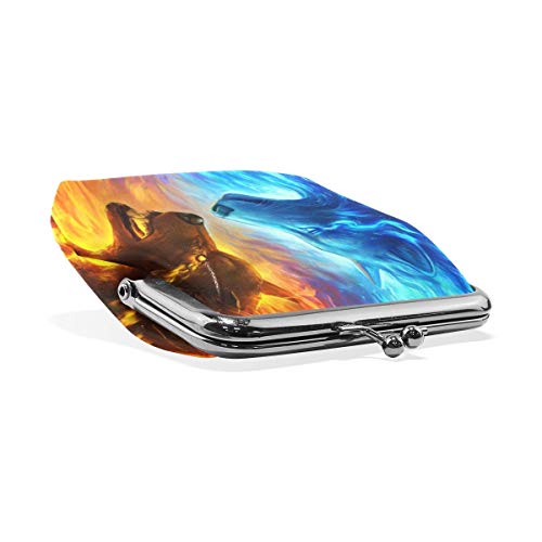 Monedero Monedero Lobo de Fuego y Animal de Hielo Monedero Retro Monedero con Hebilla de Bloqueo Monedero Tarjetero para Mujeres y niñas