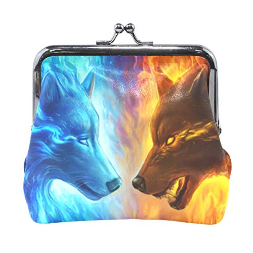 Monedero Monedero Lobo de Fuego y Animal de Hielo Monedero Retro Monedero con Hebilla de Bloqueo Monedero Tarjetero para Mujeres y niñas