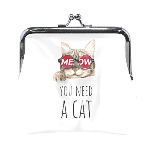 Monedero Que Necesita un Gato Sunglassess Monedero Blanco Lindo Monedero Retro con Hebilla Kiss-Lock Portatarjetas pequeño para Billetera