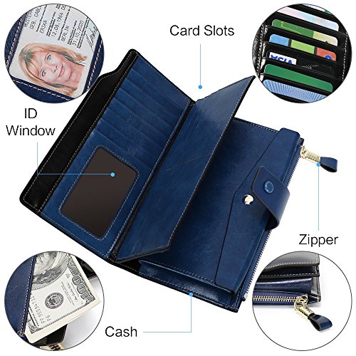 Monederos Mujer Cartera Mujer de Gran Capacidad con RFID Bloqueo, 20 Ranuras Bolsos, Caja de Regalo, Largo Billeteras Mujer Cremallera de Bolsillo para Regalos Mujer y Amigos San Valentín (Azul)