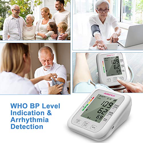 Monitor de Presión Arterial JUMPER en la Parte Superior del Brazo, 2 Usuarios, 2 Módulos de Fuente de Alimentación, 198 Memoria de datos, Gran pantalla LCD, Brazalete Ajustable Grande(Blanco)