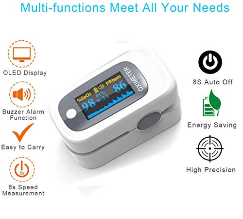 Monitor de saturación de oxígeno, oxímetro de pulso de alta calidad, monitor de oxígeno, monitor de saturación de O2, oximetría portátil OLED con baterías (batería no incluida)