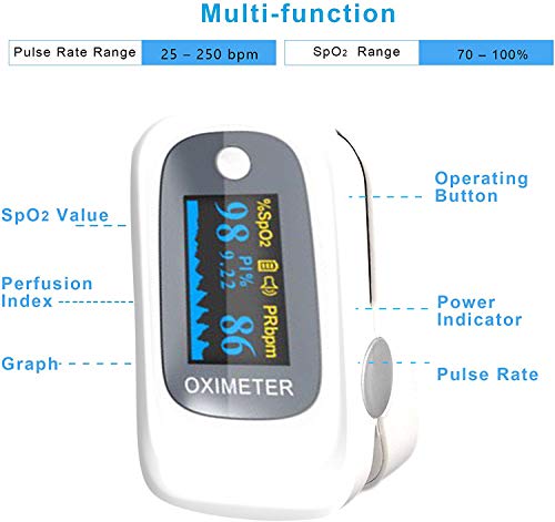 Monitor de saturación de oxígeno, oxímetro de pulso de alta calidad, monitor de oxígeno, monitor de saturación de O2, oximetría portátil OLED con baterías (batería no incluida)