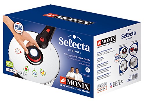 Monix Selecta Duo Set ollas a presión rápidas 4 y 6 litros con Sistema de selección de Alimentos y Cierre automático, Acero INOX 18/10, Plata, 2 Unidades