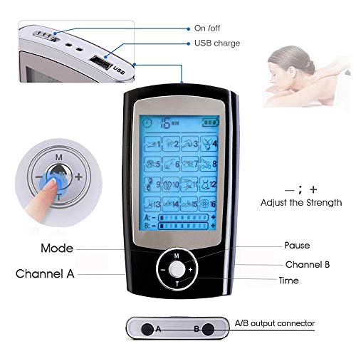 Monlida Electroestimulador Masaje EMS y TENS, 16 Modos 2 Canales, Masajeador de Pulso Electrónico