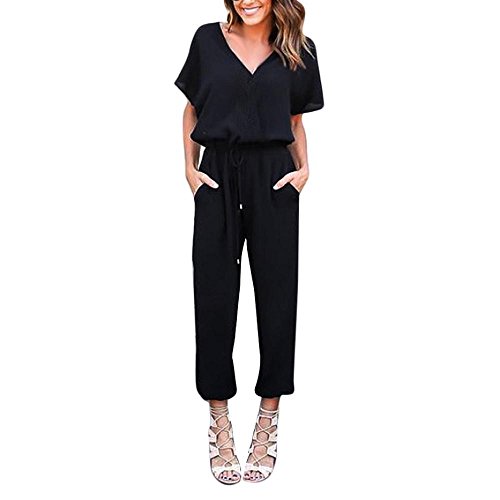 Mono Largo Mujer,Venmo Pantalones Mujer,Monos de Vestir Mujer,Trajes de Fiesta,Gasa Bodycon Monos de Manga Corta de Fiesta Mujer Verano,Casual Pantalones Largo (Negro, XL)