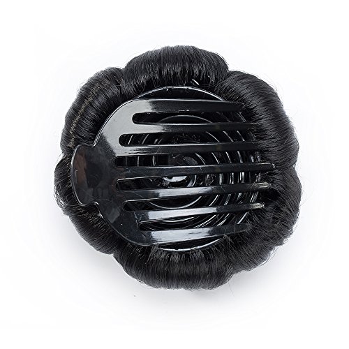 Moño Postizo Rizado Fijación con Pinza Pelo Sintético Se Ve Natural Coleteros Recogido Peinado Alto Extensiones de Cabello Clip Pelucas para Mujer (65g,Negro)