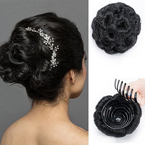 Moño Postizo Rizado Fijación con Pinza Pelo Sintético Se Ve Natural Coleteros Recogido Peinado Alto Extensiones de Cabello Clip Pelucas para Mujer (65g,Negro)