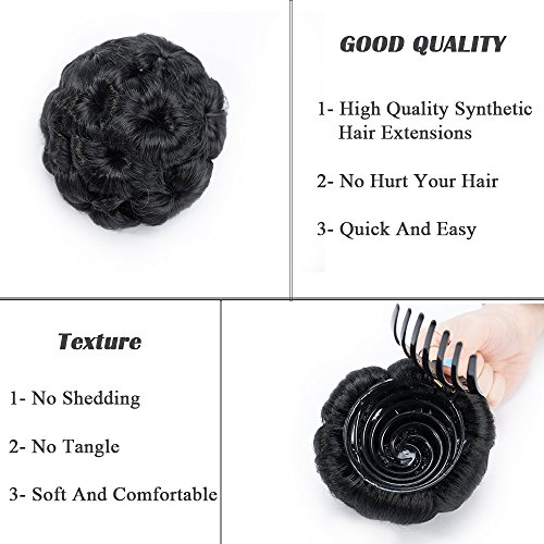 Moño Postizo Rizado Fijación con Pinza Pelo Sintético Se Ve Natural Coleteros Recogido Peinado Alto Extensiones de Cabello Clip Pelucas para Mujer (65g,Negro)