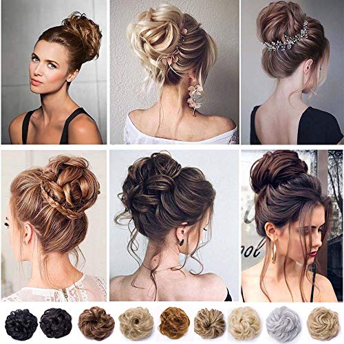 Moño Postizo Voluminoso Rizado con Goma Pelo Sintético Se Ve Natural Extensiones de Cabello Coletero Recogido Peinado Alto para Mujer Ondulado Coleta Postiza (40g,Marrón Dorado)