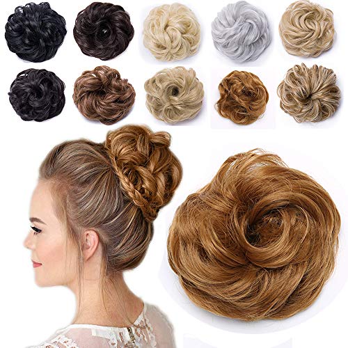 Moño Postizo Voluminoso Rizado con Goma Pelo Sintético Se Ve Natural Extensiones de Cabello Coletero Recogido Peinado Alto para Mujer Ondulado Coleta Postiza (40g,Marrón Dorado)