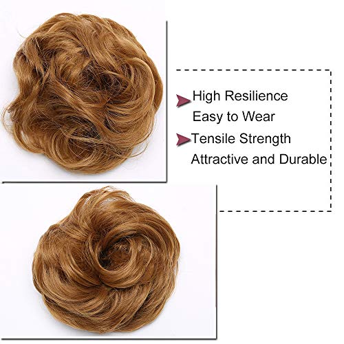 Moño Postizo Voluminoso Rizado con Goma Pelo Sintético Se Ve Natural Extensiones de Cabello Coletero Recogido Peinado Alto para Mujer Ondulado Coleta Postiza (40g,Marrón Dorado)