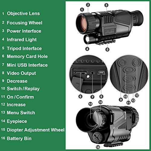 Monocular infrarrojo de visión nocturna en HD de 8x40 con cámara digital; reproducción de video; salida USB; para caza y vida silvestre. Distancia de visión de 150 m en la oscuridad; tarjeta TF de 8G.