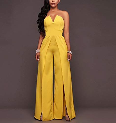 Monos De Vestir Mujer Fiesta Largos Verano Sin Mangas Ropa Dama Moderno Bandeau Hombros Descubiertos Talle Alto con Aberturas Mono Largo Jumpsuit Monos De Fiesta (Color : Amarillo, Size : M)