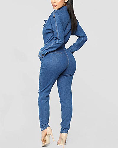Monos de Vestir Mujer Vaqueros Elegantes Manga Larga Solapa Cintura Alta Jeans Azul M
