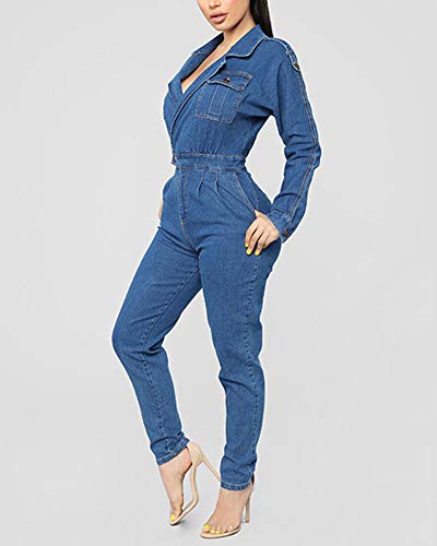 Monos de Vestir Mujer Vaqueros Elegantes Manga Larga Solapa Cintura Alta Jeans Azul M