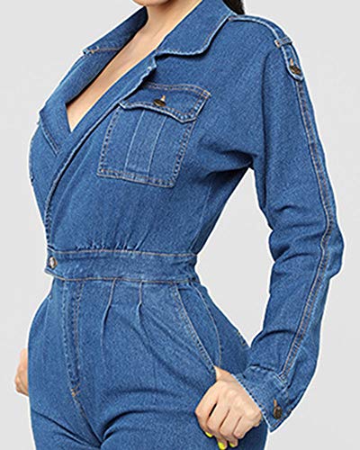 Monos de Vestir Mujer Vaqueros Elegantes Manga Larga Solapa Cintura Alta Jeans Azul M