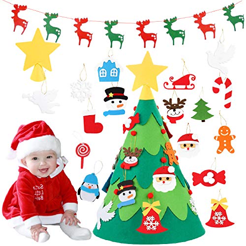 Monuary Árbol de Navidad del Fieltro DIY Fijó con 18pcs Ornamentos Desmontables, Árboles de Navidad Extraíble en 3D con 1 Piezas Banner de Navidad, Decoraciones de Navidad Árboles para Niños