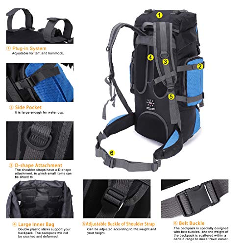 Mooedcoe 75L Mochila Senderismo Tactica Mochila Hombre Impermeable de Trekking Viaje Montaña Acampada Escalada (Azul)