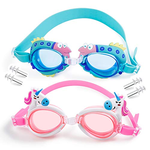 MOOKLIN ROAM Gafas de Natación Infantil, 2pcs Antiniebla Gafas para Nadar Antigoteo Protección UV sin Fugas incluir Enchufe de oído y Clip de Nariz Ajustable para Niñas, Niños, Juventud Edad 3 – 13